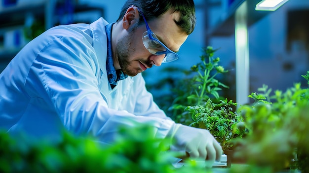 Scienziato di sesso maschile che indossa un cappotto da laboratorio e occhiali di sicurezza lavora in un laboratorio di ricerca di piante