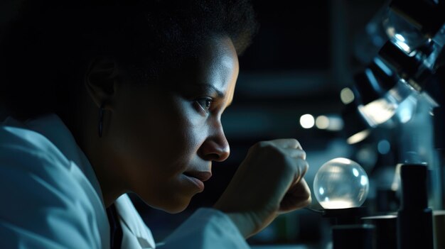 Scienziato Donna afroamericana di mezza età Conduzione di un esperimento in un laboratorio nel laboratorio di intelligenza artificiale generativa AIG22