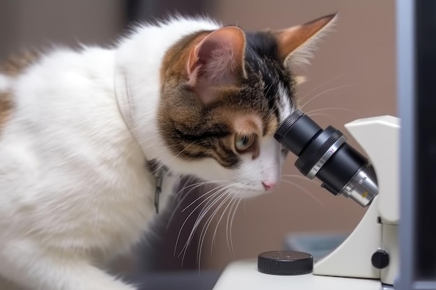 Scienziato felino che usa il microscopio per esaminare le cellule al microscopio creato con l'IA generativa