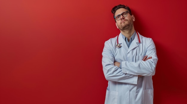 Scienziato in camicetta da laboratorio in piedi con le braccia incrociate