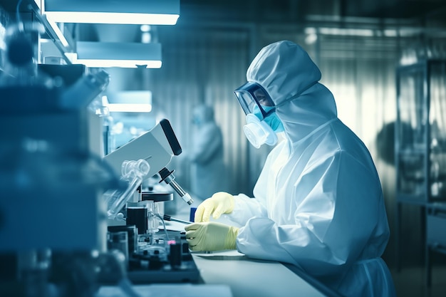 Scienziato in laboratorio che indossa una tuta protettiva lavora con un microscopio scoprendo virus AI generativa