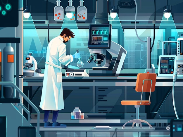 Scienziato in un laboratorio ad alta tecnologia attrezzature avanzate impostazione dettagliata illustrazione vettoriale