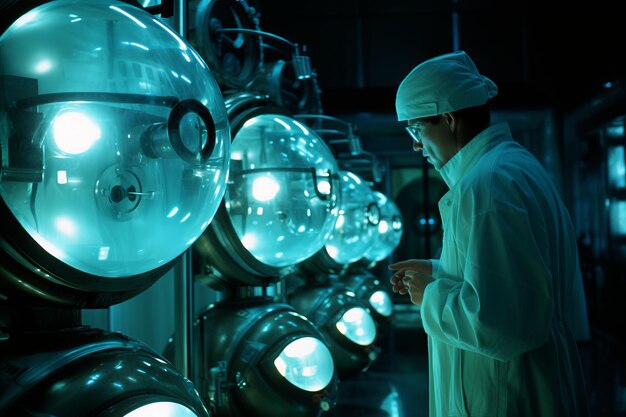 scienziato in un laboratorio sterile di fronte a un serbatoio di vetro scena futuristica