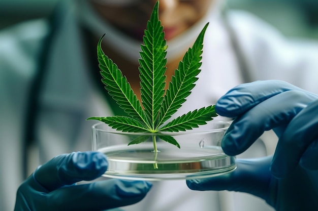 scienziato maschio che fa ricerche sulla cannabis in laboratorio sullo sfondo in stile bokeh