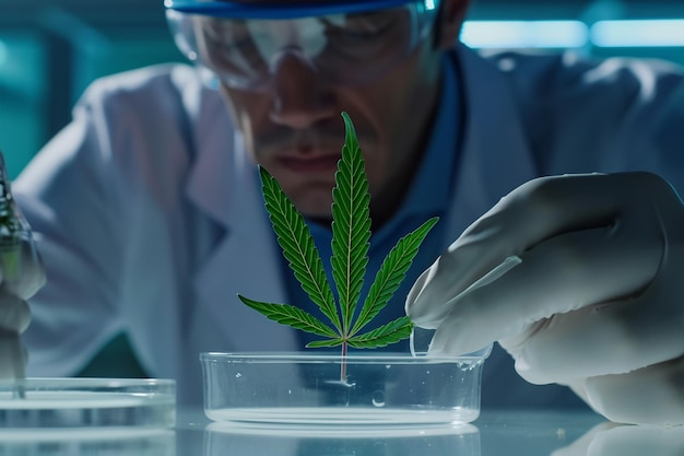 scienziato maschio che fa ricerche sulla cannabis in laboratorio sullo sfondo in stile bokeh