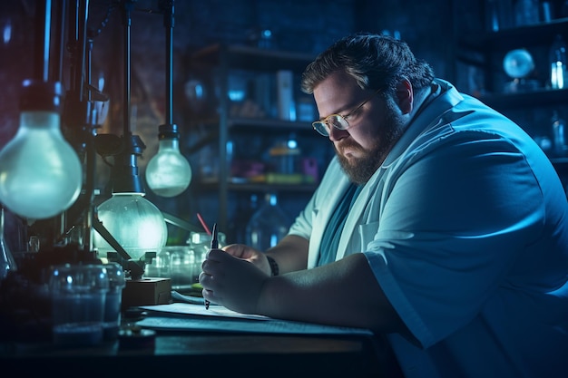 Scienziato PlusSize occhialuto che esegue calcoli di laboratorio