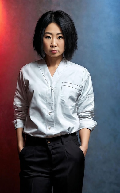 Scienziato ricercatore donna asiatica che indossa camice da laboratorio in laboratorio IA generativa