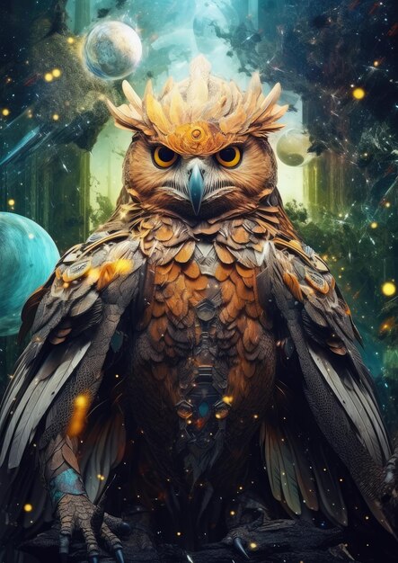 Scifi aquila animale selvaggio creatura fantastica con cielo colorato sfondo scuro Generativo Ai