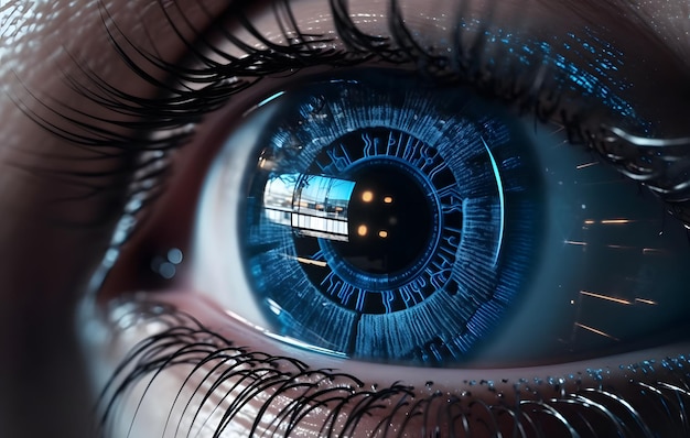 Scifi Cyborg futuristico Occhio di donna con tecnologia bionica Lenti a contatto intelligenti con impianti di retina biometrici Generative Ai