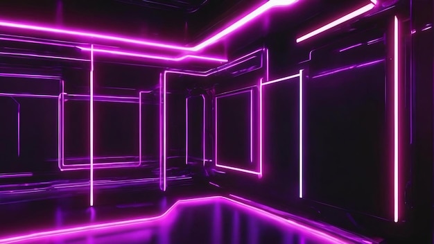 Scifi futuristico astratto forme luminose al neon viola su sfondo nero con spazio libero per l'illustrazione