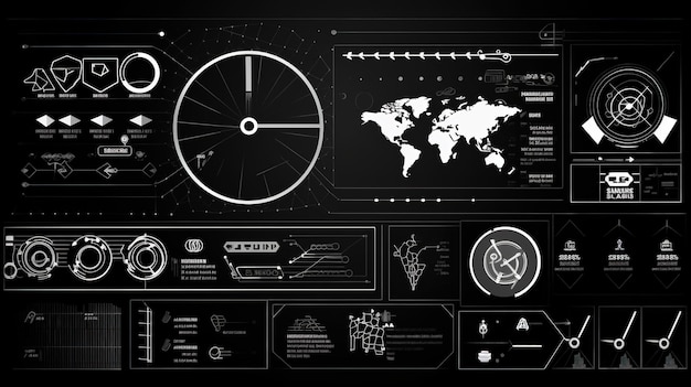 Scifi Futuristico Cruscotto HUD in bianco e nero Display con tecnologia di realtà virtualeHudGUI per il design dello sfondo del gioco Sfondo tecnologico Dati digitali AI generativa