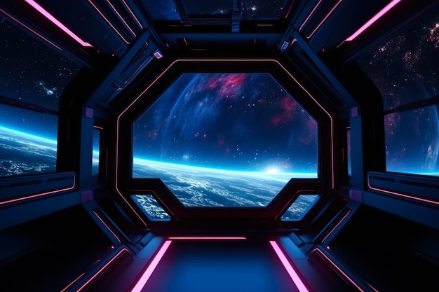 Scifi mostra lo spazio della scena dalle finestre di un'astronave generativa ai