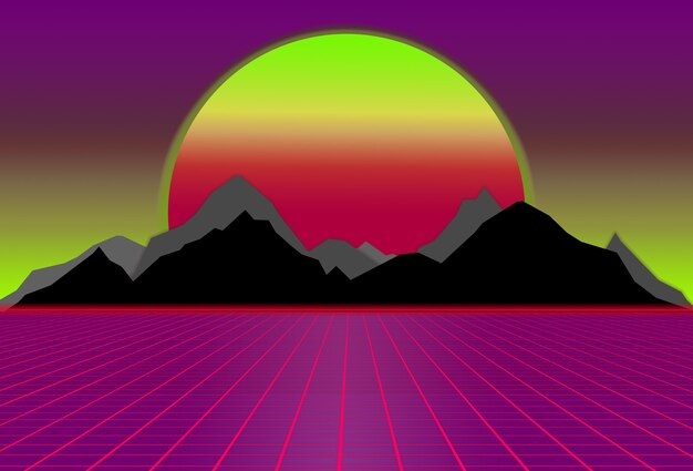 scifi sfondo viola e rosa con tramonto dietro montagne nere e grigie futuristico