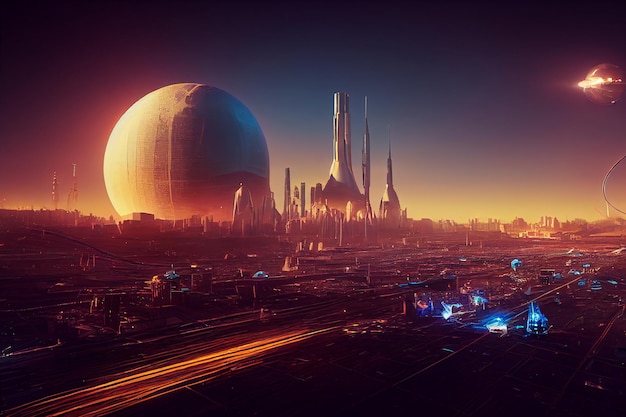SciFi tecnologia futuristica Metropolis Skyline su Alien Planet Art Illustration