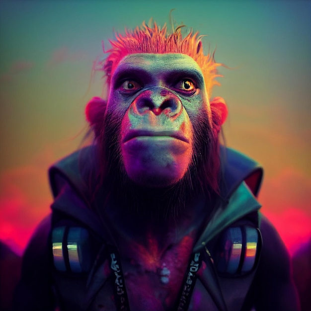 scimmia antropomorfa futuristico stile cyberpunk avatar ritratto rendering 3d