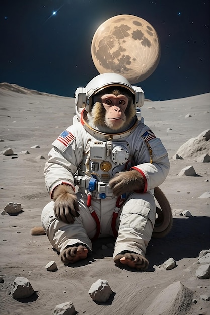 Scimmia astronauta con casco sulla luna