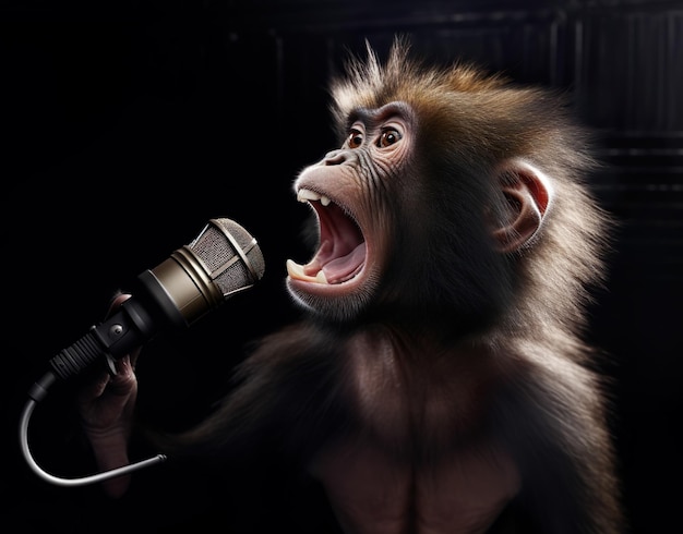 Scimmia che canta ad alta voce nel microfono generato dall'intelligenza artificiale