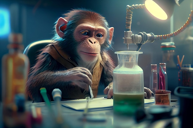 Scimmia che fa esperimenti in laboratorio illustrazione di una scimmia curiosa che conduce un esperimento di laboratorio