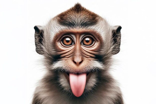 scimmia che fa l'occhiolino e tira fuori la lingua su uno sfondo bianco