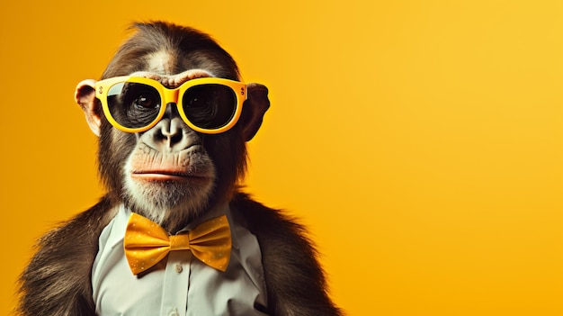 Scimmia che indossa occhiali gialli e abito con farfallino