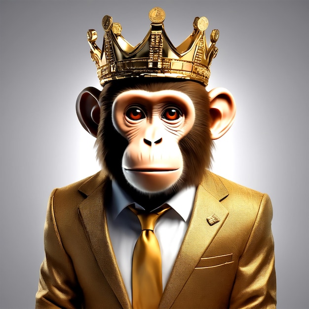Scimmia con un vestito di moneta e una corona reale sulla testa e sembra dritta UHD 4k 32k