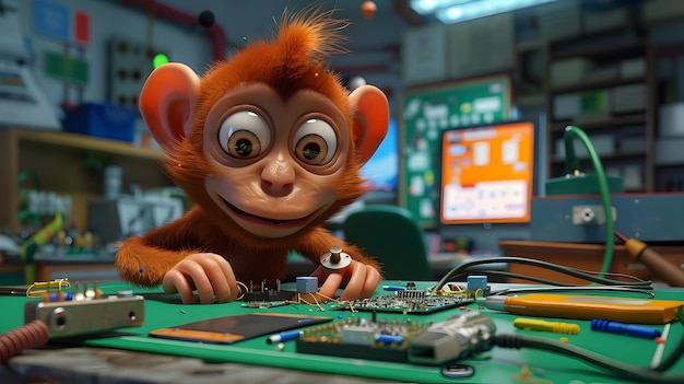 Scimmia dei cartoni animati che costruisce un dispositivo Raspberry Pi in laboratorio