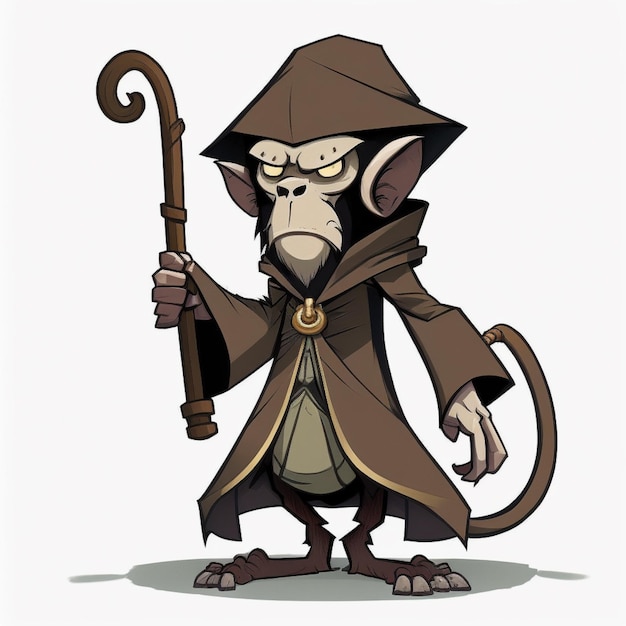 Scimmia dei cartoni animati vestita con un cappotto con un bastone generativo ai