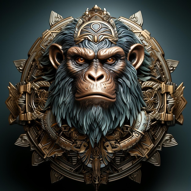 Scimmia icona 3D Scudo grafico con incisione in metallo Scimmia dorata in un cerchio araldico d'argento