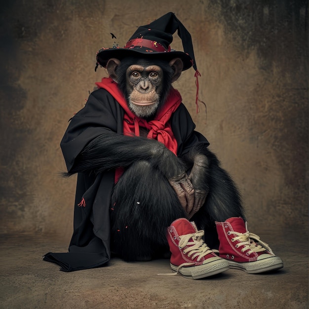 Scimmia in costume e cappello Adorabile primate con abbigliamento giocoso