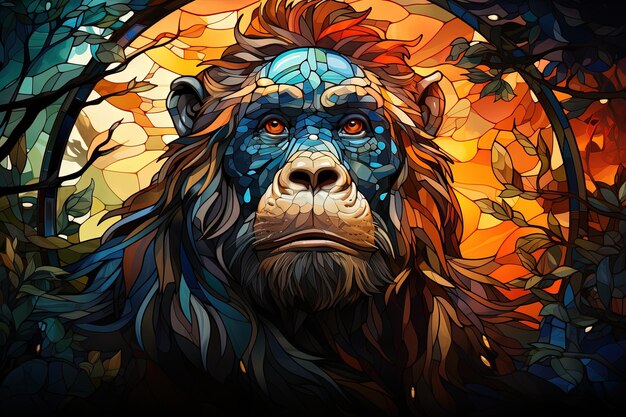 Scimmia nell'illustrazione della pittura di stile del vetro macchiato ai generativa