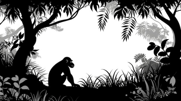 Scimmia nella giungla illustrazione monocromatica nera generata da AI Immagine