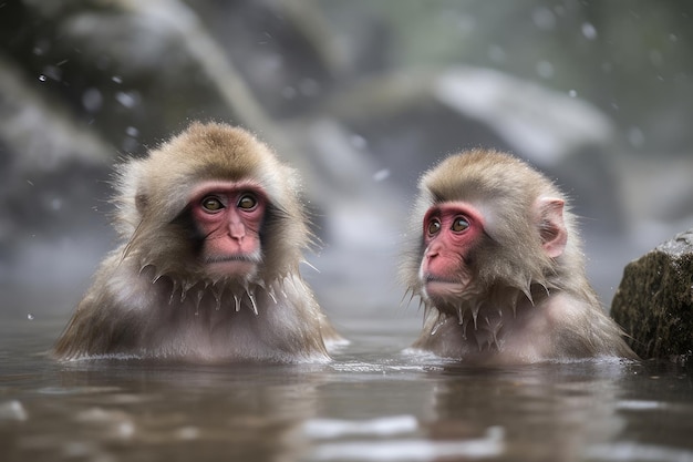 Scimmie sedute in una sorgente di acqua calda