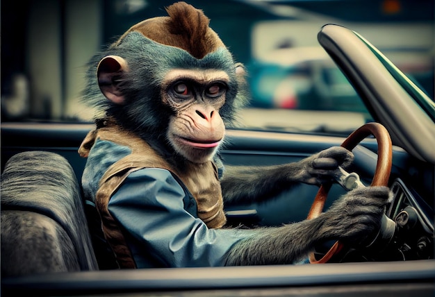 Scimmietta che guida un cattivo guidatore di auto