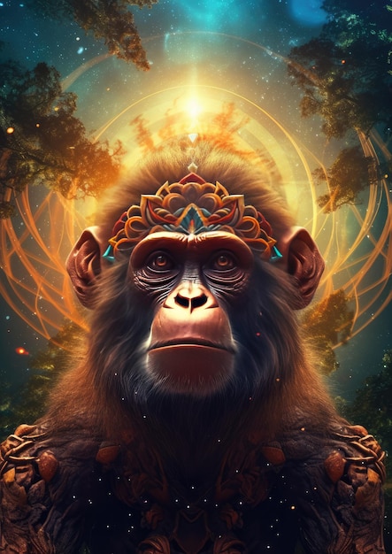 Scimmietta scimmia animale selvaggio creatura fantastica con cielo colorato sfondo scuro Generativo Ai
