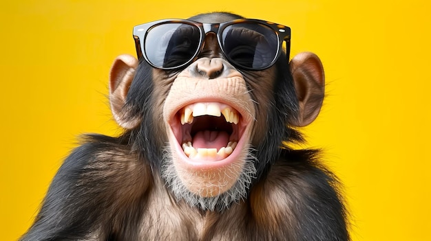 Scimpanzé allegro con gli occhiali da sole che ridono su uno sfondo giallo