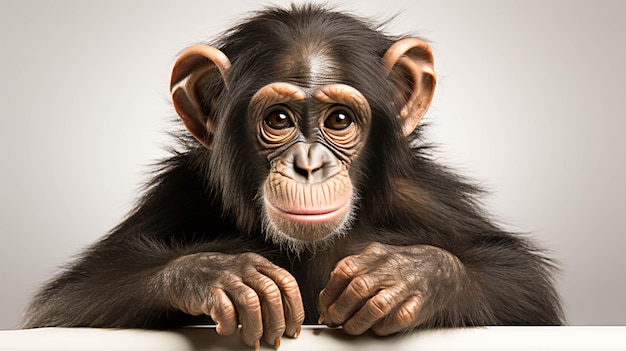 Scimpanzé seduto su uno sfondo bianco