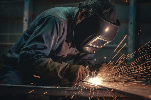 Scintilla di taglio del metallo del lavoratore maschio sul piatto d'acciaio del fondo del carro armato con il lampo della luce di taglio vicino all'usura