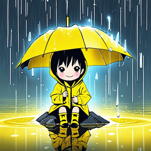 Scintilla il mondo magico. Un ragazzino chibi carino con un impermeabile giallo si siede sotto uno stinco di ombrello giallo