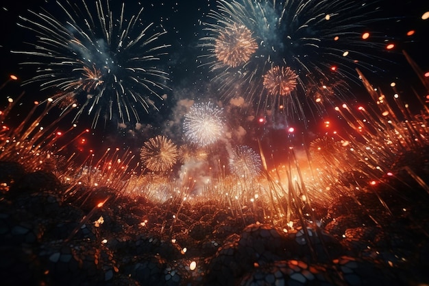 Scintillanti fuochi d'artificio di Capodanno che formano un abbagliante 00345 01