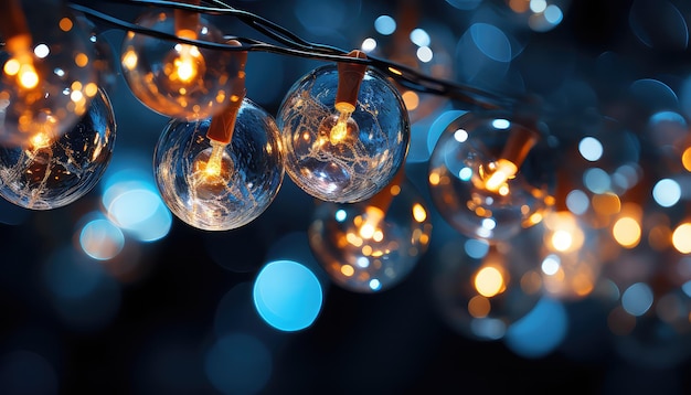 scintillanti luci della ghirlanda di Natale su uno sfondo blu intenso