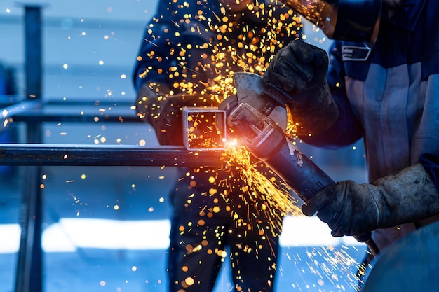 Scintille industriali per la lavorazione dei metalli Smerigliatrice da officina in acciaio con tuta di sicurezza