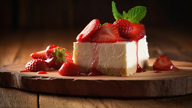 Sciocchezza o torta di formaggio con la fragola sulla tavola di legno Ai generativa