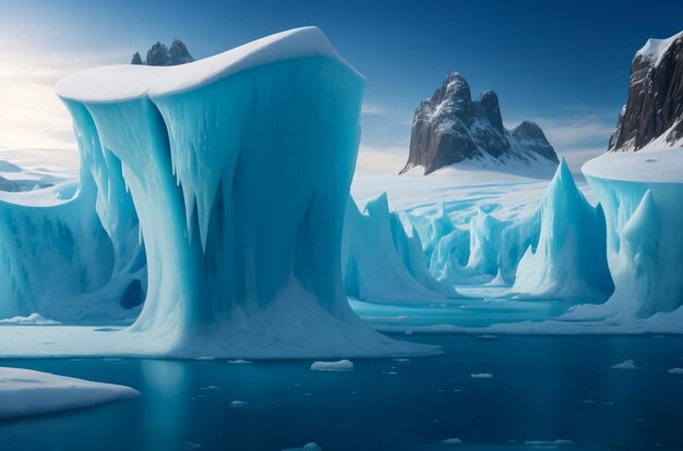 Scioglimento di iceberg e ghiacciai in Antartide come illustrazione del concetto di cambiamento climatico rendering 3d