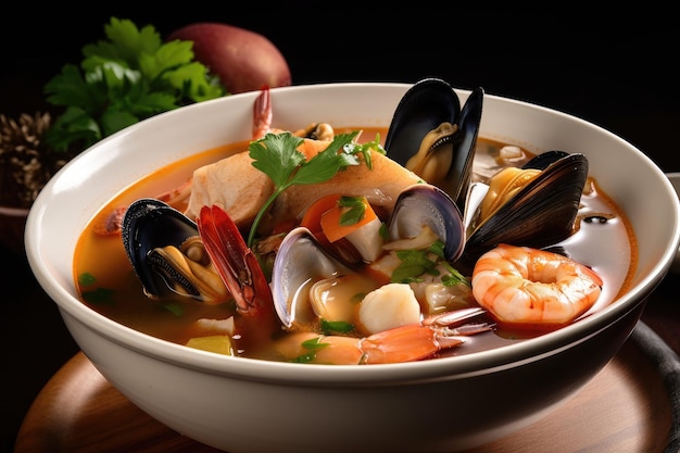 Scodella di zuppa di mare con cozze vongole e gamberi in brodo stuzzicante