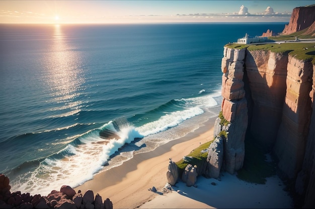 Scogliera e paesaggio naturale di montagna sullo sfondo della carta da parati del mare che domina la vista lontana