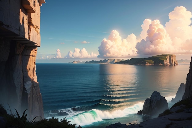 Scogliera e paesaggio naturale di montagna sullo sfondo della carta da parati del mare che domina la vista lontana