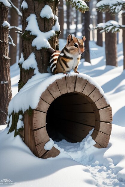 Scoiattolo animale selvatico in cerca di cibo nel buco dell'albero nella foresta innevata nella fotografia HD invernale