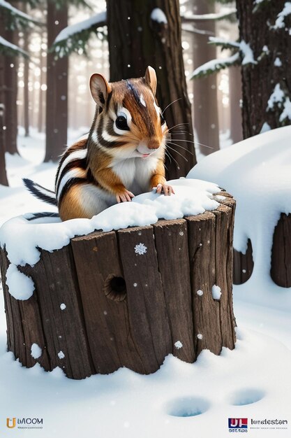 Scoiattolo animale selvatico in cerca di cibo nel buco dell'albero nella foresta innevata nella fotografia HD invernale