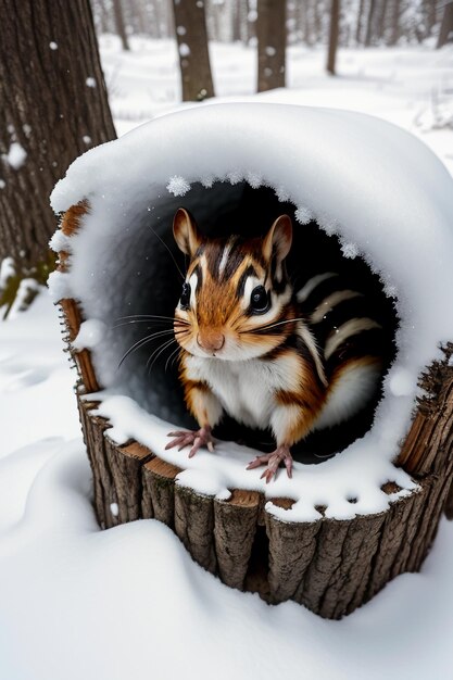 Scoiattolo animale selvatico in cerca di cibo nel buco dell'albero nella foresta innevata nella fotografia HD invernale