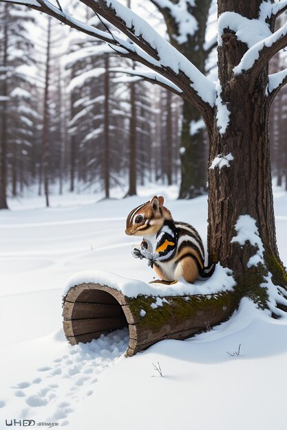 Scoiattolo animale selvatico in cerca di cibo nel buco dell'albero nella foresta innevata nella fotografia HD invernale